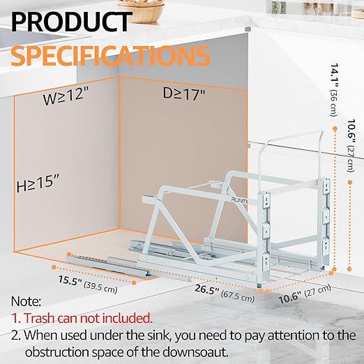 Pull Out Trash Can Under Cabinet Kit with Soft-Close Slides,Twin-Mode Under Sink Trash Can Pull Out for Kitche Sink Drawer,Requires Minimum Cabinets Opening 12" W X 18" D(Trash Can Not Included)