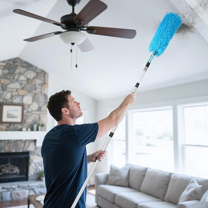 Lineslife Cobweb Duster,Washable Cleaning Duster Kit with Flexible Microfiber Duster Head, 1 * 2-in-1 Window Squeegee, and 1* Ceiling Fan Duster for Home Office Cleaning High Ceilings,Furniture,Roof