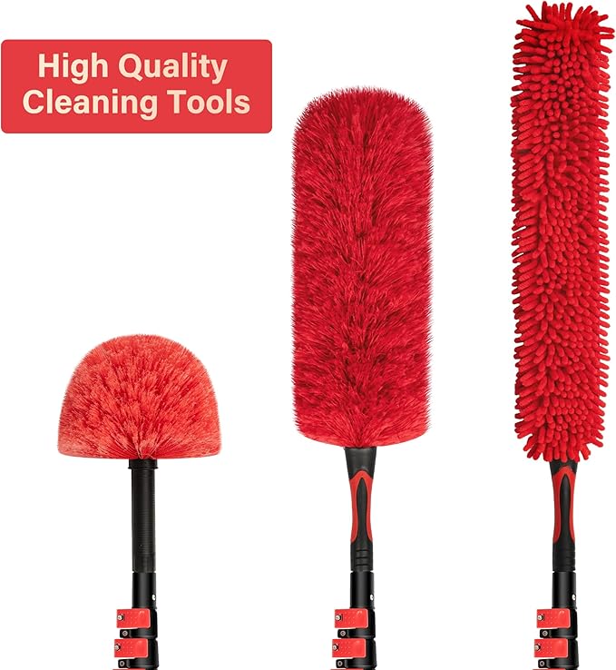 7-24 FT Extension Pole with 2 Outdoor Cobweb Brushes, 30 FT High Reach Ceiling Fan Cleaner Duster for Home, 24 FT Extendable Pole with 4 Pcs Dusting Tools, Cubweb Dusters, Feather Dusters, Fan Duster