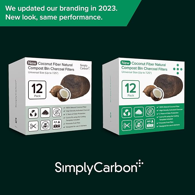 Biodegradable Natural Filter - 2 Years Supply for Kitchen Compost Bins - Longer Lasting Activated Charcoal - Universal Size Fits All Compost Bins up to 7.25" Filter Size - Replacement Set of 12
