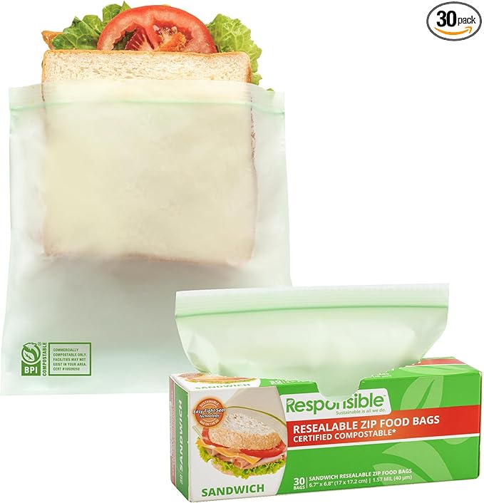 Responsible Products Certified Compostable SANDWICH Resealable Zip Bag, Extra Strength Food Bags, Plant-Based Freezer-Safe (30 Pack)