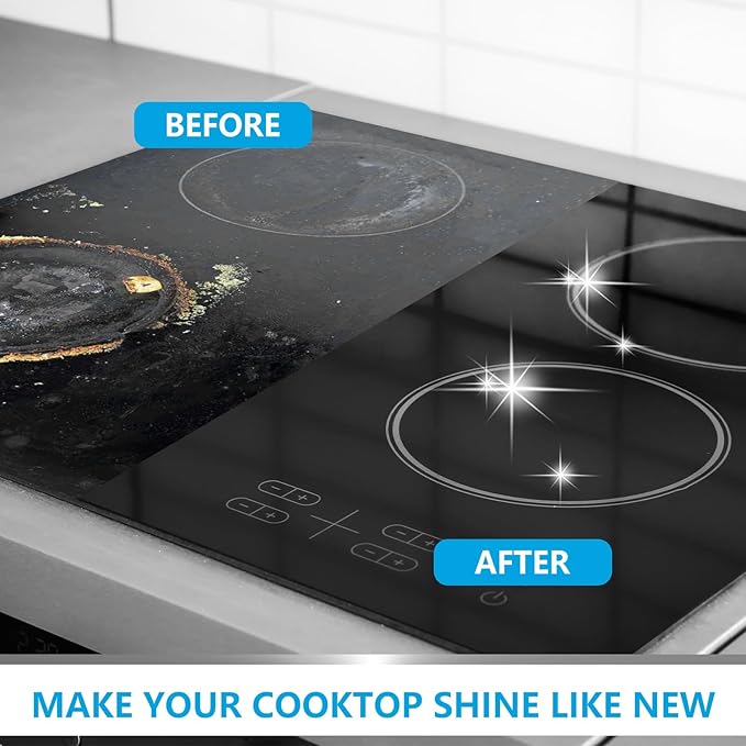 Cooktop and Stove Top Cleaner Kit, Glass Cooktop Cleaner Combo Kit with Razor, Scraper, Scrubbing Pad Removes Tough Stains, Stovetop Cleaner for Glass and Ceramic Surfaces,17OZ