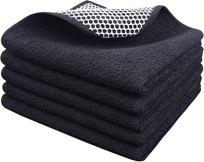 SINLAND Microfiber Dish Cloth for Washing DishesBest Kitchen Washcloth Cleaning Cloths with Poly Scour Side 12Inchx12Inch 5Pack, Black