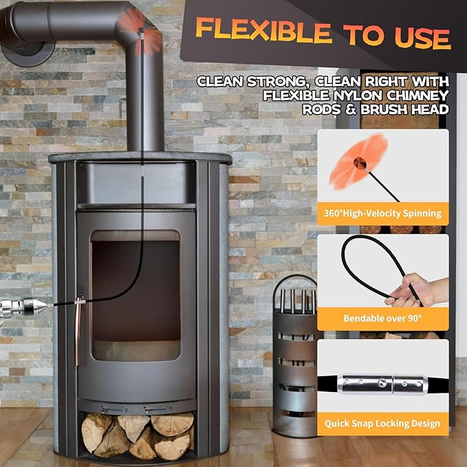 33 Feet Chimney Sweep Kit, Chimney Cleaning Kit with 10 Flexible Black Chimney Rods, Chimney Brush for Sweeping Fireplace, Rotary Chimney Cleaning System Driven by Drill