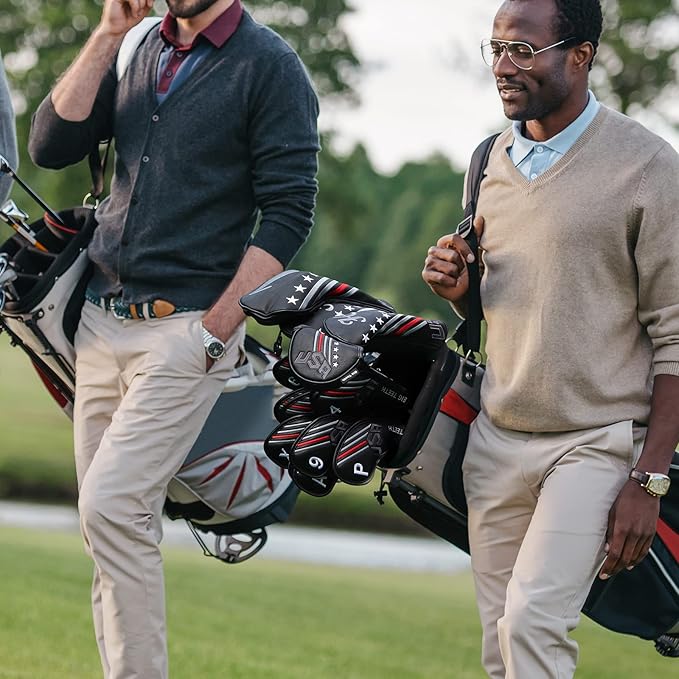 Big Teeth Golf Cover USA Stripe and Star Headcover Covers, Driver Fairway Wood Hybrid Headcovers Fits Blade Mallet Putter Iron and Woods with Magnetic Club Protector Pu Leather Golf Accessories