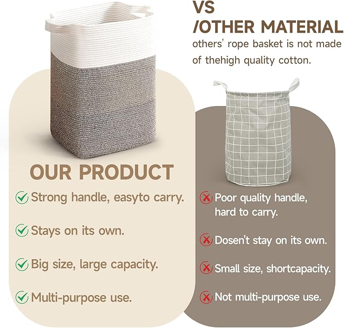 CLHMILY&Z 75L Laundry Hamper Rectangular Cotton Rope Basket - 16x13x22 Inches - Durable and Soft Storage Bin for Clothes, Toys, and Nursery Essentials, Brown & White