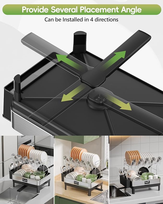 2 Tier Dish Drying Rack, Thicker Premium 304 Stainless Steel Dish Racks for Kitchen Counter, Automatic Drainage Spout, Dish Drainer & Drainboard Set with Utensil Holder and Cup Holder, Black