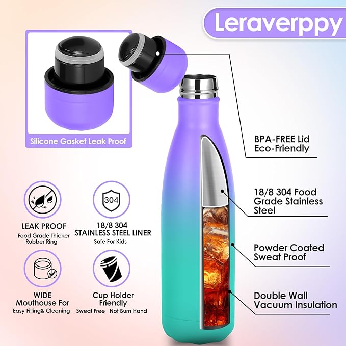 17oz Cola-Bottle Shaped Stainless Steel Leak-proof Water Bottle,Double Wall Vacuum Insulated Metal,Travel Mug For Sports Indoors & Outdoors,BPA-Free Kids Flasks,Purple Green(8Pack)