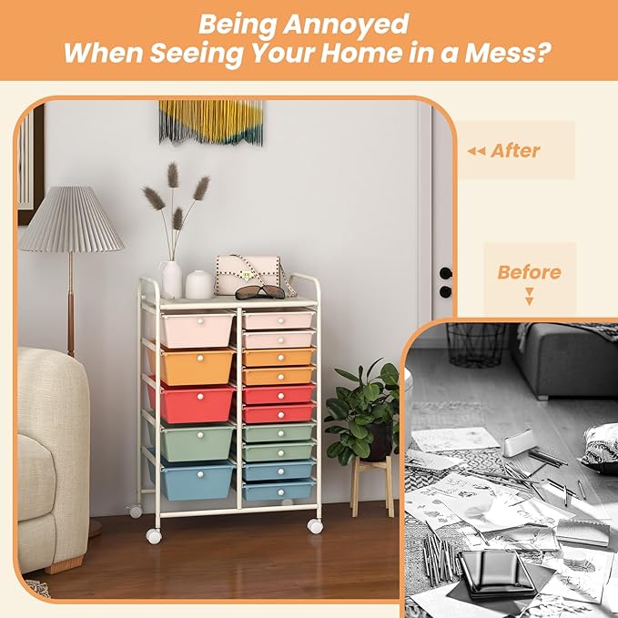 GOFLAME 15-Drawer Rolling Storage Cart, Multipurpose Movable Organizer, Utility Cart for Home, Office, School, Macaron Color