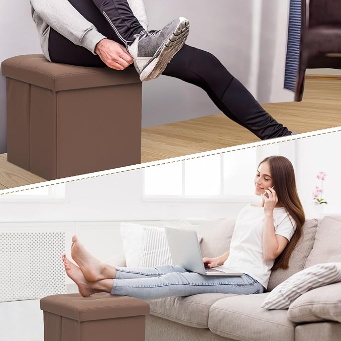 Athena Collection 15" Storage Ottoman Bench Folding Bench with 40L Hidden Storage, Small Cube Ottoman PU Leather Foot Rest Stool Chest with Flipping Lid for Living Room, Bedroom, Entryway, Brown