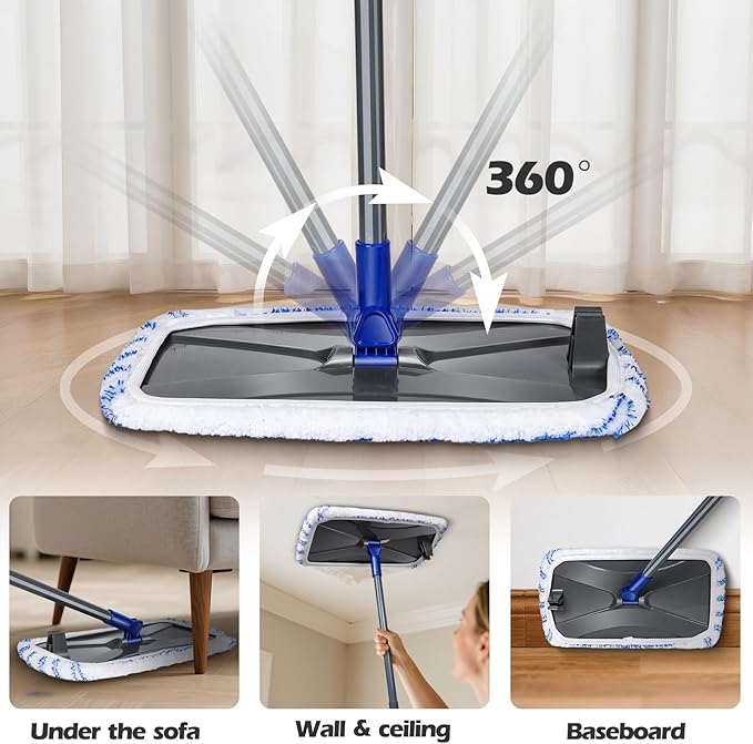 MASTERTOP Microfibre Flat Mop, Extended Wet Dry Large Floor Mop with 5 Reusable Pads & Telescopic Handle, Dust Mops for Laminate Wooden Hard Floor Vinyl Tile Floors Cleaning - Send 1 Cleaning Scraper