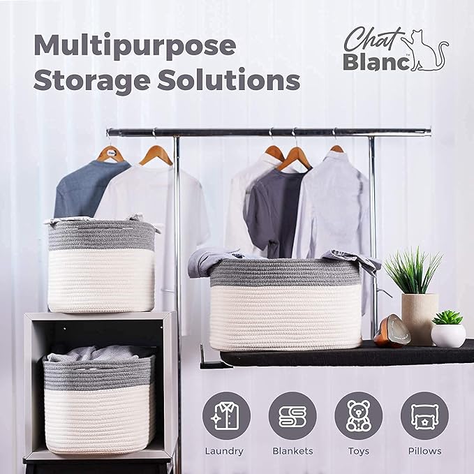 CHAT BLANC Cotton Rope Baskets for Organizing | Storage Baskets for Shelves | Rope Basket for Storage, Small Laundry Baskets, Woven Baskets for Storage, Dog Toy Bin, Baby Basket,Dark Gray&White 3 Pack