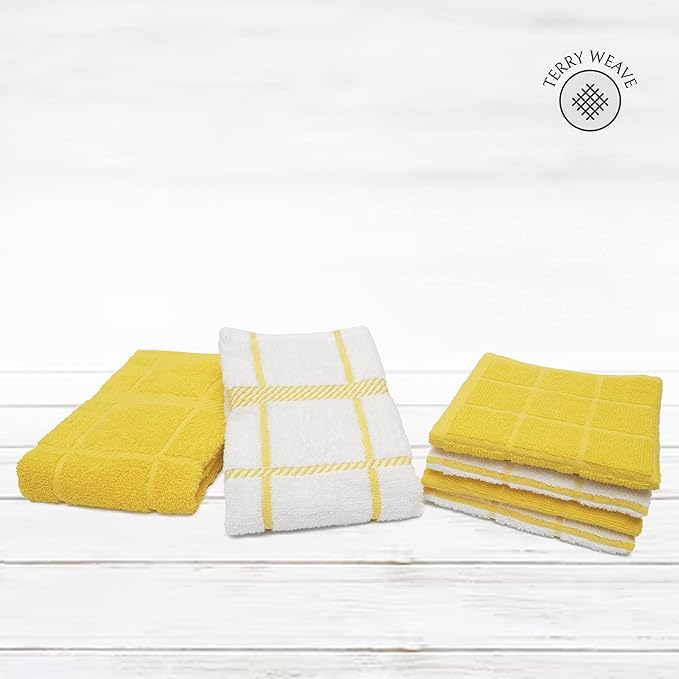 100% Cotton Terry Dish Cloth & Dish Towel, 6 Pack, Super Soft and Absorbent Kitchen Towels, Perfect for Kitchen Cleaning and Dish Washing (Yellow (DT and DC Combo))