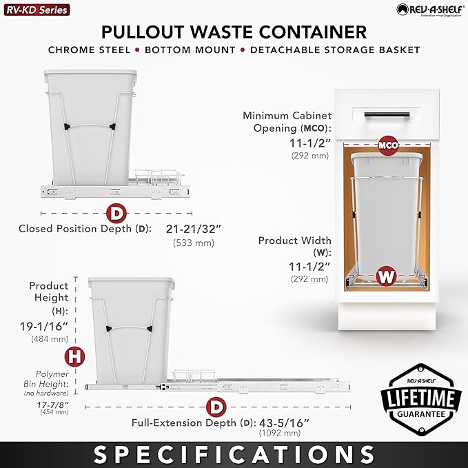 Rev-A-Shelf Pullout Trash Can for Kitchen Cabinets 35 Quart Garbage Waste Recycling Bin with Full Extension Slides, White, RV-12KD-11C