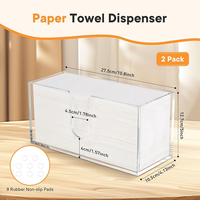 2Pcs Acrylic Paper Towel Dispenser, Paper Towel Holder Countertop Clear Multi Trifold Napkin Holder, Suitable for Z-fold, C-fold or MultiFold Paper Towels for Bathroom, Toilet, Kitchen