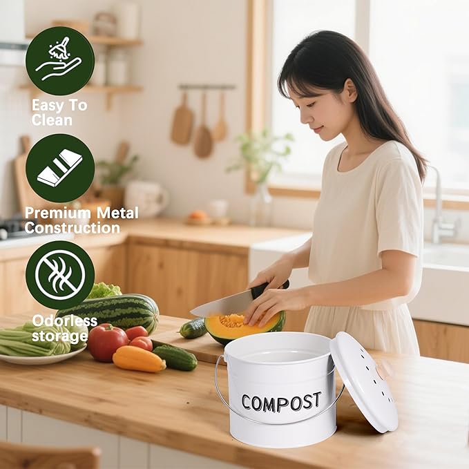 Compost Bin for Kitchen Counter, 1 Gallon Compost Bucket with Lid and Charcoal Filter, Countertop Composter, Rust Proof Indoor Food Waste Bin, White