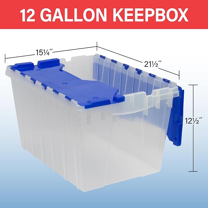 Akro-Mils KeepBox 12 Gallon Storage Container, Nesting and Stackable Plastic Storage Box with Lid Attached, Clear Tote for Garages, Closets, Moving, 21-1/2" x 15" x 12-1/2", Clear/Blue, Pallet of 48