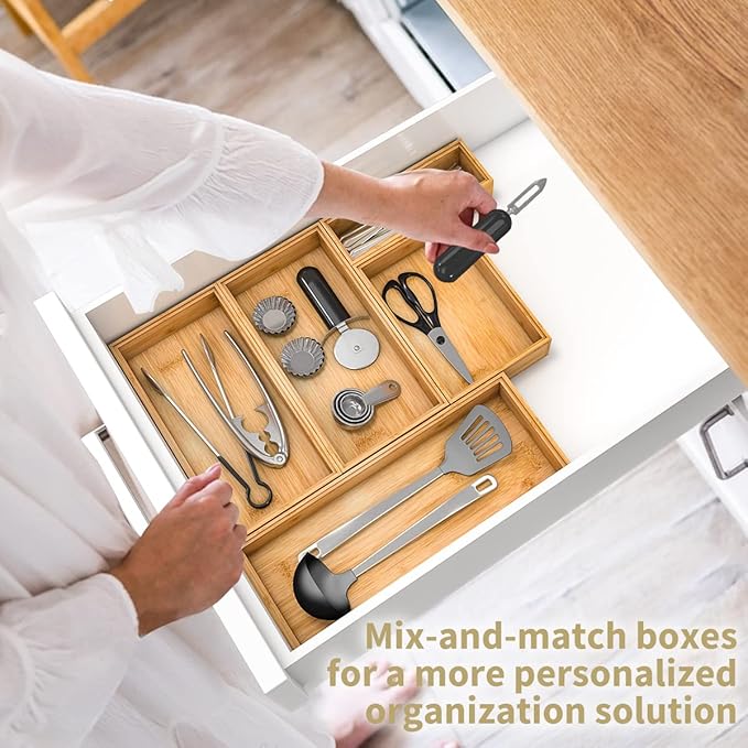 Bamboo Kitchen Drawer Organizer,Stackable Silverware Tray Utensil Organizer Cutlery Holder for Kitchen,Wooden Storage Box for Bathroom, Multi-Use Drawer Organizer for Office,Makeup(12x6x2.5 inch）
