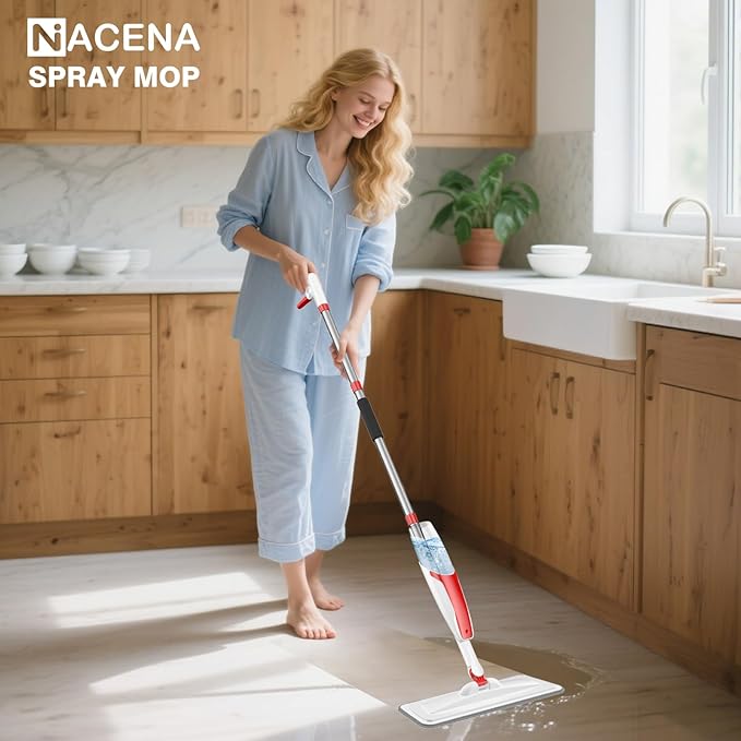 nacena Spray Mop for Floor Cleaning, Dust Mop with 420 ml Refillable Bottle and 3 Pcs Washable Pads Dry Wet Floor Mop for Household or Commercial Use for Hardwood Laminate Tile Ceramic, Red&White
