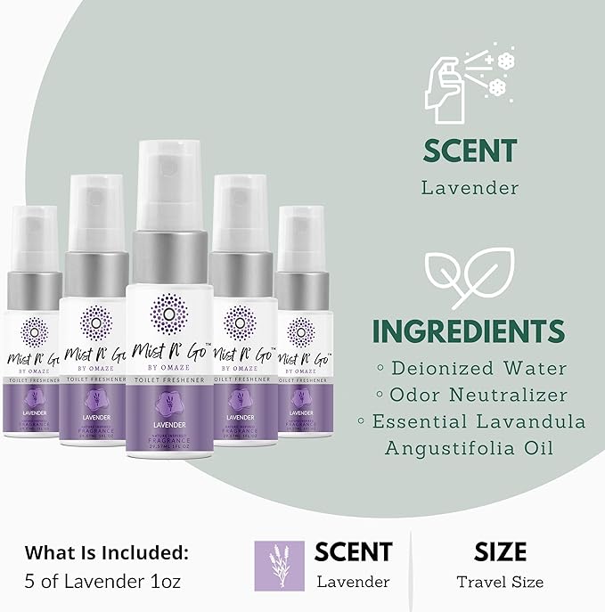 Mist N’ Go by Omaze Travel Bathroom Spray for Toilet Spray Odor Eliminator - Travel Toilet Spray for Bathroom Air Freshener Spray for Bathroom Deodorizer - Lavender Travel Size (1oz x5)