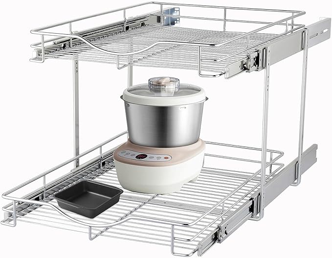 DINDON 2 Tier Pull Out Cabinet Organizer (17" W x 18" D) Heavy-Duty Metal Sliding Drawer Shelf, Two Tier Pull Out Shelves for Kitchen Cabinets, Pantry, Bathroom, Chrome Finish