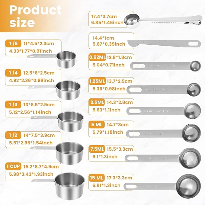 13PCS Measuring Cups and Spoons Set Stainless Steel Measuring Spoons and Cups Stackable Measuring Spoons Set for Dry or Liquid Ingredients