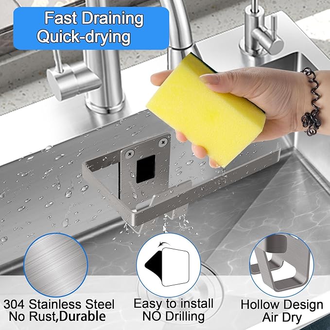 Sponge Holder for Kitchen Sink, Kitchen Sink Caddy, 2 in 1 Kitchen Sink Organizer Sponge Caddy, Adhesive Hanging, Suitable for Kitchen Brush, Dish Rag, Sponge, Gloves, 304 Stainless Steel
