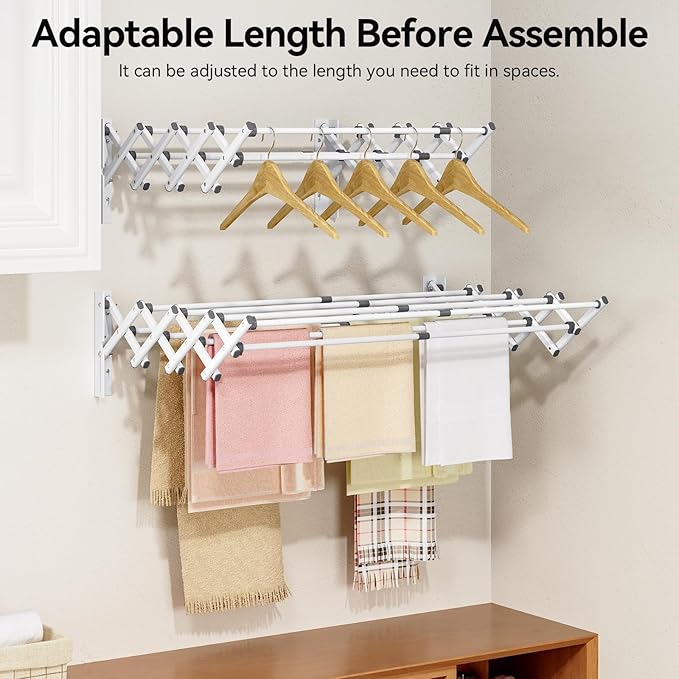 APEXCHASER Wall Mounted Clothes Drying Rack, Laundry Drying Rack Retractable, Towel Racks Wall Mounted for Bathroom Balcony Laundry Room Indoor, Foldable Accordion Dryer Rack for Clothing, White