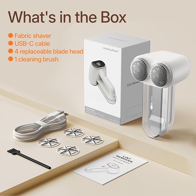 Fabric Shaver and Lint Remover, 6 Stainless Steel Blades, Dual-Head Rechargeable Sweater Shaver with LED Display, 3 Speeds, Electric Defuzzer for Clothes, Fuzz, Pills and Furniture