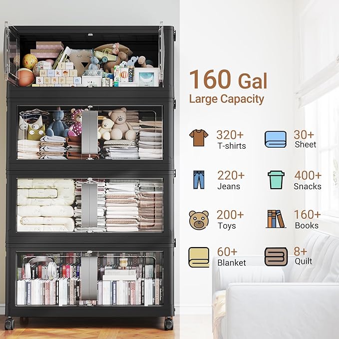 BROVIEW 640QT Stackable Storage Bins with Lids, 160Gal Extra Large Collapsible Storage Box with Wheel, Plastic Storages with Clear Door Open Front for Home Kitchen Garage, Black-4pack