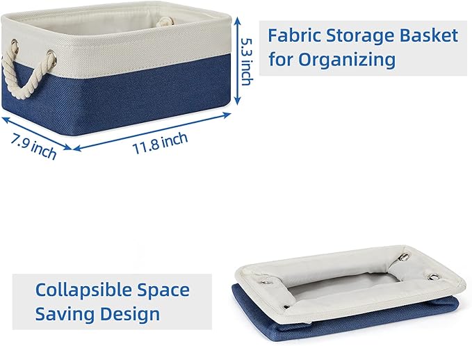 Temary Small Storage Baskets for Shelves, 6 Pcs Empty Gift Baskets for Organizing Clothes, Books, Fabric Storage Bins with Rope Handles (White&Blue,11.8 L x 7.9 W x 5.3 H inches)