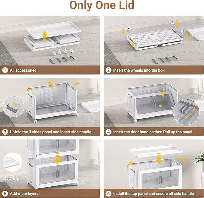 BROVIEW 324 Qt Plastic Storage Bins with Lid, Doors & Wheels, 3Pack Extra Large Stackable Collapsible Storage Bins, Closet Organizers and Storage Drawer, Foldable Cabinets for Home Office, White