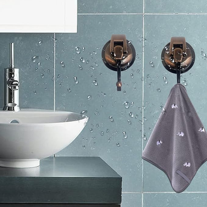 Heavy Duty Vacuum Suction Shower Hooks, Glass Suction Cup, for Bathroom Robe and Garland Decoration (2 Pack, Antique Brass)