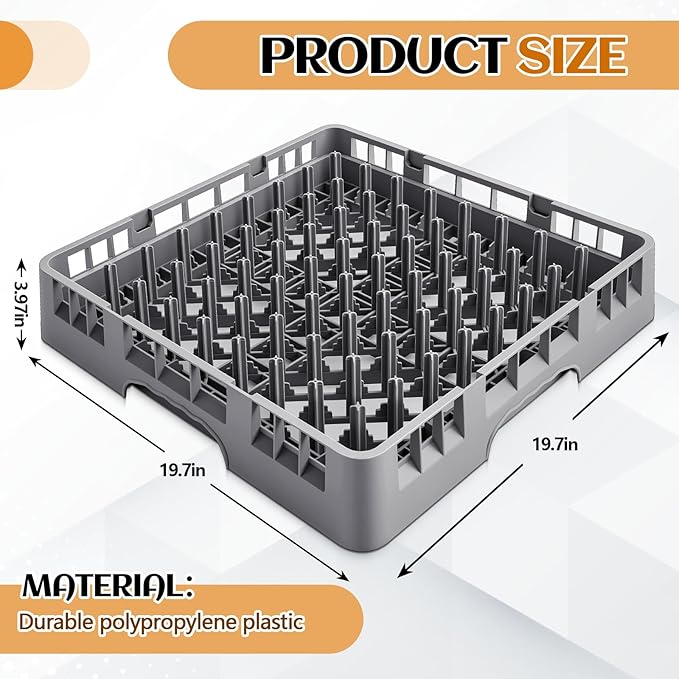 Commercial Dishwasher Tray Rack Polypropylene Full Size Flatware Rack for Bowls Plates Knives Forks Cups(19.7 x 19.7 x 3.97 Inch,Peg Dish,Gray)