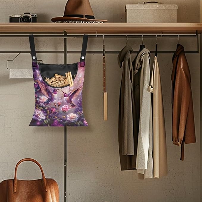 Purple Flower Hummingbird Clothespin Bag with Hanging Hook Summer Laundry Clothes Pin Holder Waterproof Clothes Pin Hanging Bag Clothespin Storage Organizer for Indoor and Outdoor