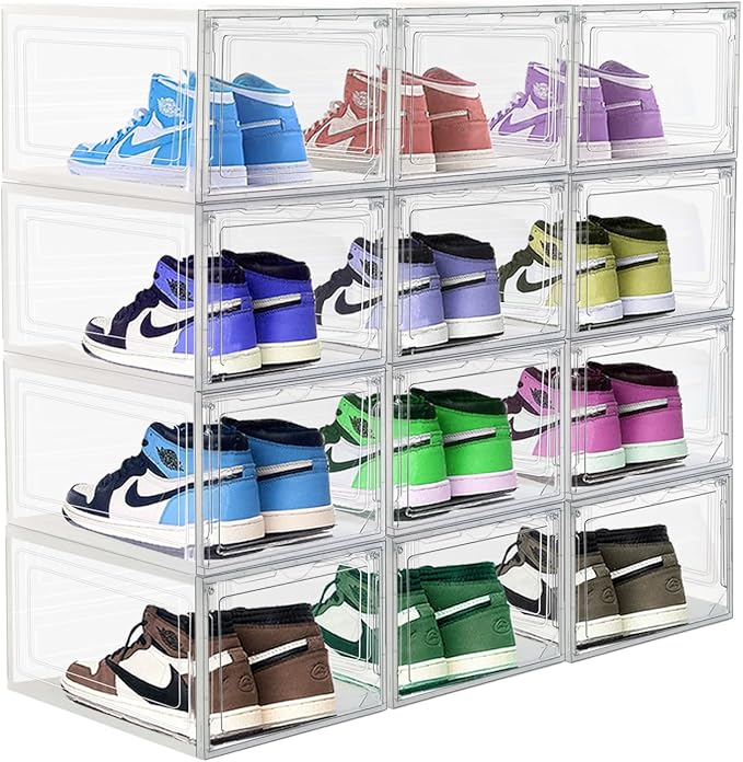 10 Pack Shoe Storage Box Clear Hard Plastic Shoe Organizer Stackable Hats Sneaker Display Case with Lids for Size 13, Clear