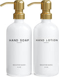 Luxury Glass Soap and Lotion Dispenser Set by Brighter Barns - Liquid Soap Dispenser Bathroom Set - White and Gold Bathroom Accessories for Vacation Rental, Airbnb, Hotel, Wedding Gift (Gold)