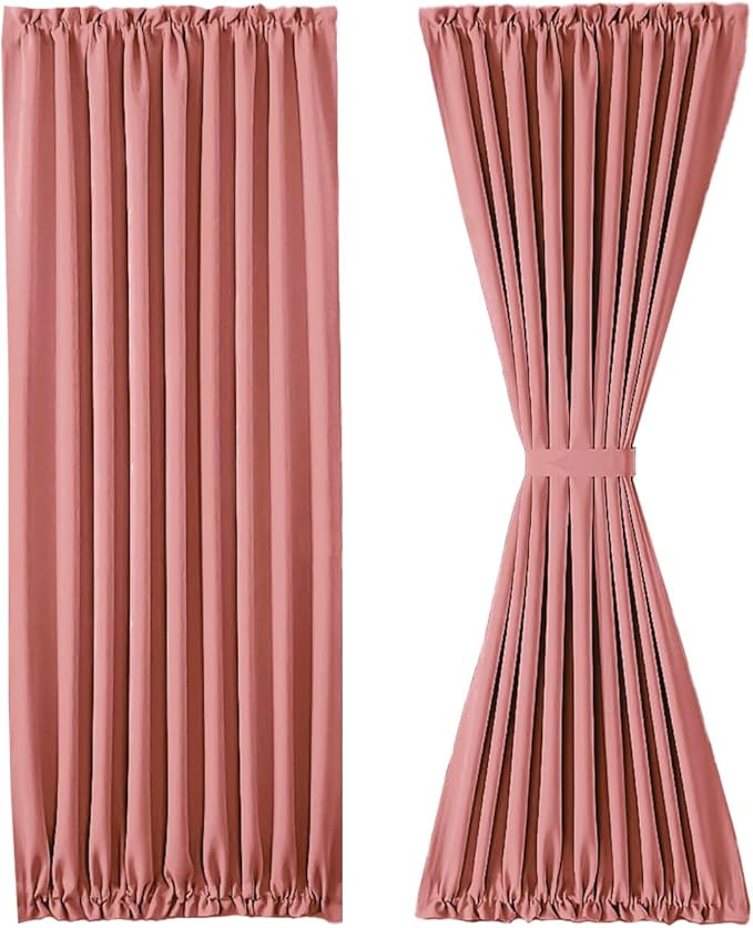 DWCN French Door Curtains – Rod Pocket Thermal Blackout Curtain for Window/Doorways/Kitchen/Classroom/Patio Doors for Privacy, 54W by 72L Inches, 1 Panel with Tieback, Dry Rose