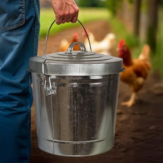 Plexon 6 Gallon Outdoor Trash Can with Lid Galvanized Metal Bucket with Locking Lid for Poultry Feed Bird Seed Storage Ash Small Garbage Can, 6 Pack