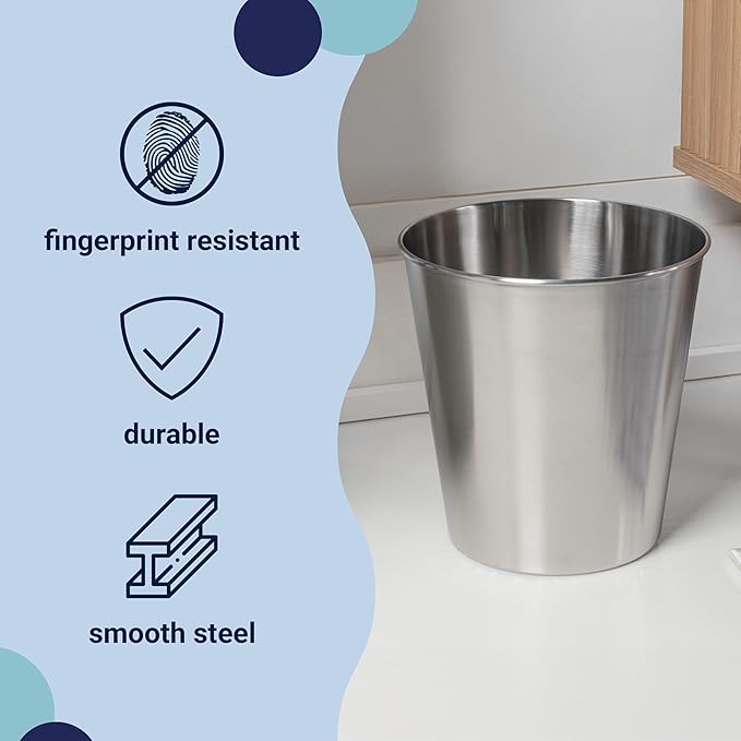 happimess HPM1113C Nolan Modern Classic Smooth Steel 2-Gallon Wastebasket for Home, Bathroom, Living Room, Office, Bedroom, Kitchen, Brushed Steel
