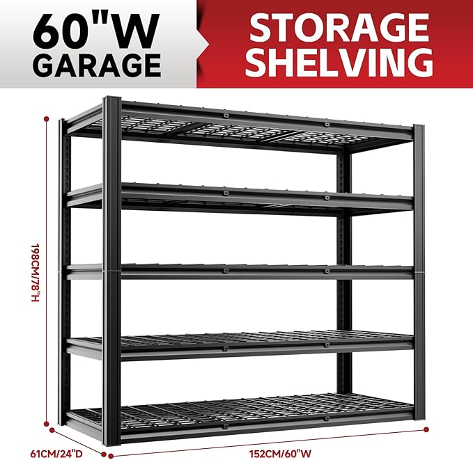 5-Tier 60”W x 24”D x 78”H Garage Shelving Adjustable Metal Storage Shelves 3000LBS Garage Shelving Heavy Duty Utility Shelf Unit Storage Racks for Warehouse(Black)