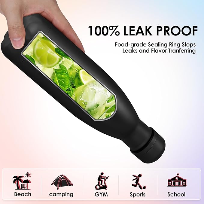 17oz Cola-Bottle Shaped Stainless Steel Leak-proof Water Bottle,Double Wall Vacuum Insulated Metal,Travel Mug For Sports Indoors & Outdoors,BPA-Free School Kids Flasks,Black(8 Pack)