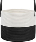 Woven Blanket Basket,115L Large Rope Storage Bin with Handles, Organizer for Blankets Toys Book and Clothes, Laundry Basket for Living Room Bedroom Nursery,White&Black