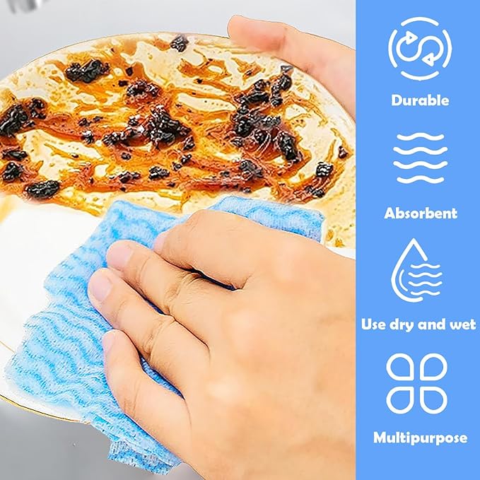 Disposable Cleaning Cloths Multi-Purpose Heavy Duty Disposable Dish Cloth Dish Rags for Kitchen, 7.87 x 15.75 inches -50 Counts/Pack,Blue