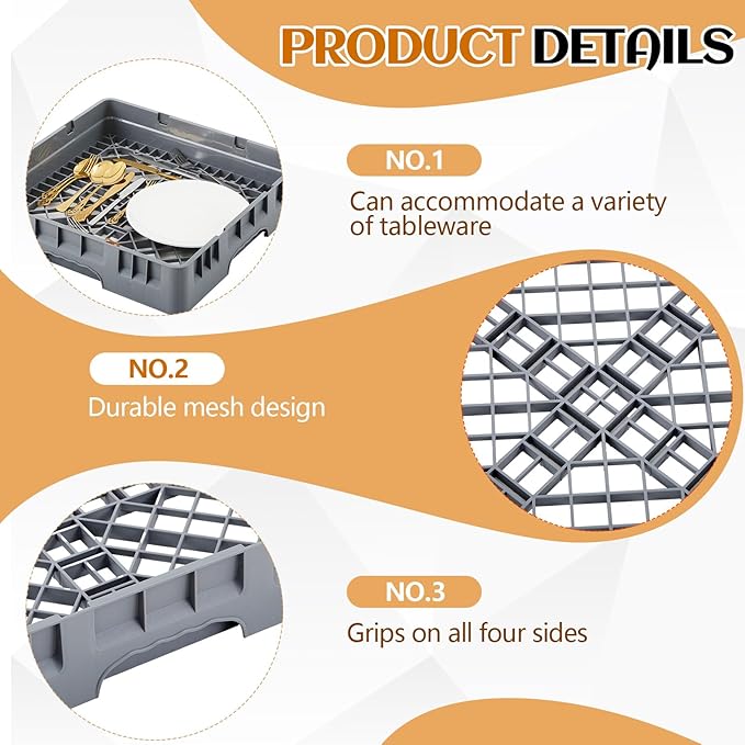 Commercial Dishwasher Tray Rack Polypropylene Full Size Flatware Rack for Bowls Plates Knives Forks Cups, Gray