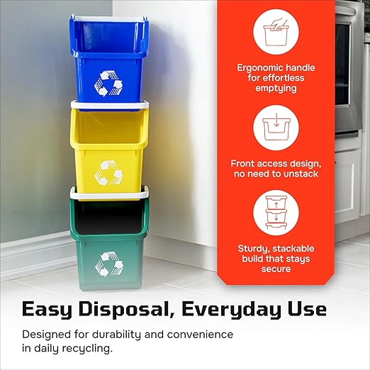 6 Gallon Stackable Recycling Bins for Homes, Garages, Offices Made of 100% Recycled Plastic - (Grey, 12 Pack)
