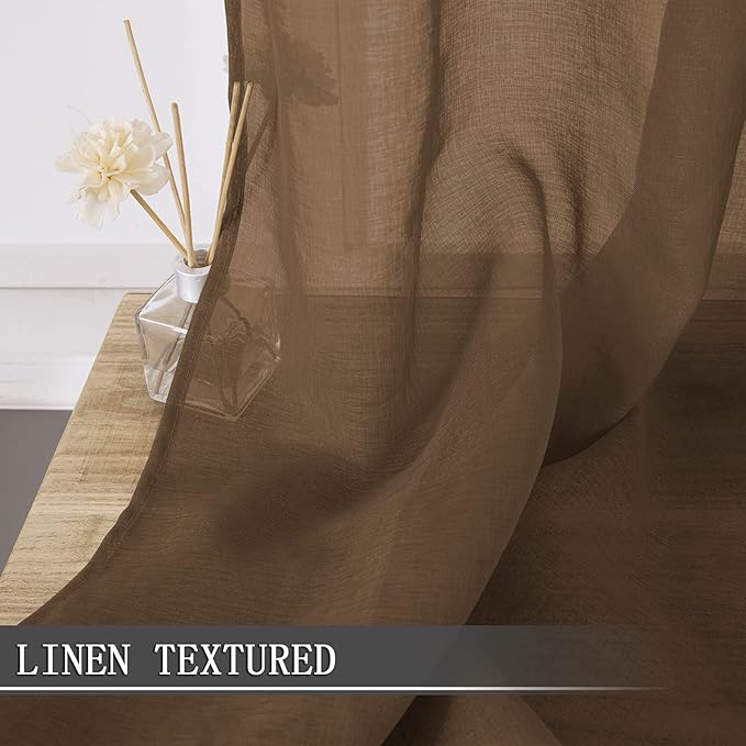 Tollpiz Sheer Curtains Bedroom Linen Textured Curtain Sheers Light Filtering Voile Rod Pocket Curtains for Living Room, 38 x 84 inches Long, Brown, Set of 2 Panels