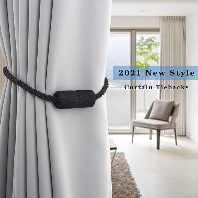 6 Pack Black Strong Magnetic Curtain Tiebacks Outdoor Elegant Decorative Tie Backs Modern Rope Tiebacks for Drapes Window Curtain Holdbacks for Draperies