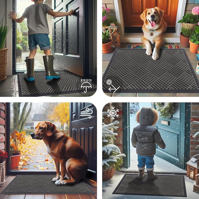 Smiry Front Door Mat Outside Entrance, Heavy Duty Outdoor Indoor Natural Rubber Doormat, Non Slip, Trap Dirt and Moisture, Easy Clean, Low Profile Patio Porch Entryway Mat, 47x23, Grey