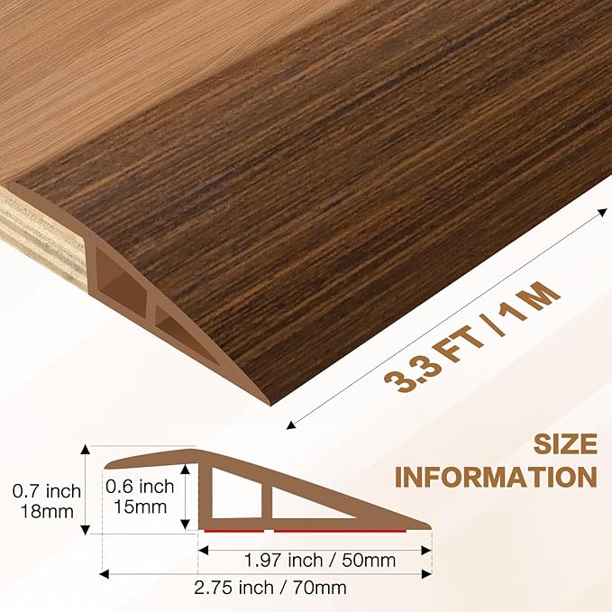 Floor Transition Strip Vinyl Door Threshold Ramp Self Adhesive Carpet Edging Strip Doorway Edge Trim, Overlap Edge Reducer for Laminate Carpet, Floor, Tile (Brown Wood Grain, 2/5" to 3/5", 3.3Ft)